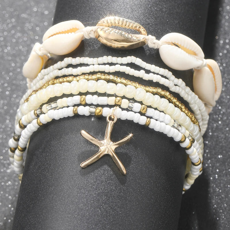 Bohemian Rice Beads Starfish Pendant Anklet Set Fashion Summer Beach Sea Shell