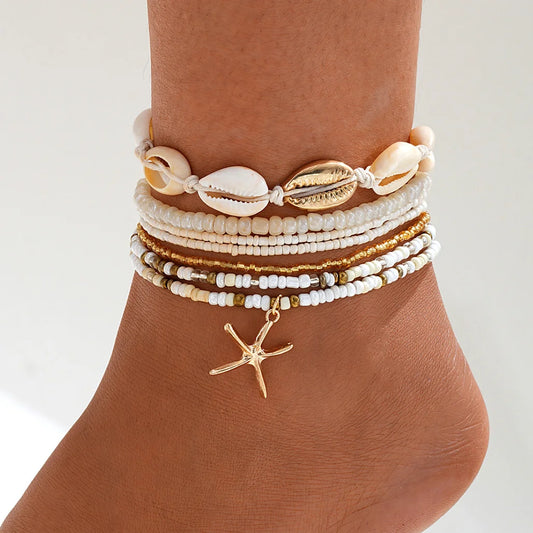 Bohemian Rice Beads Starfish Pendant Anklet Set Fashion Summer Beach Sea Shell