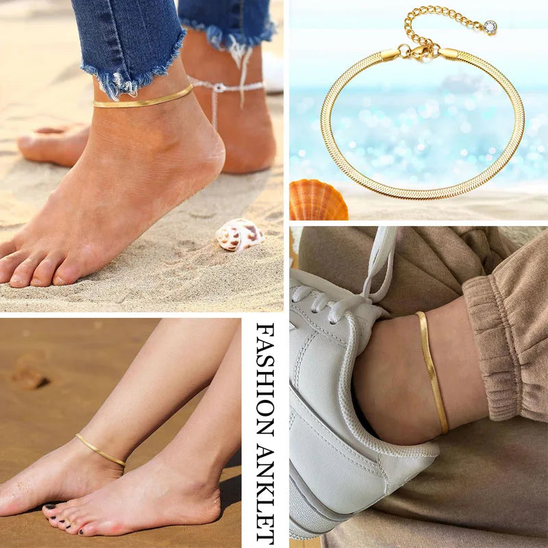 Snake Chain Anklet for Women Girls Adjustable Summer Beach Chain