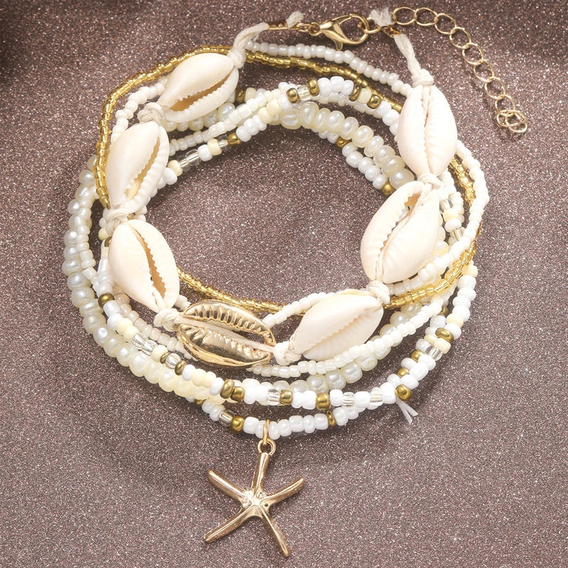 Bohemian Rice Beads Starfish Pendant Anklet Set Fashion Summer Beach Sea Shell