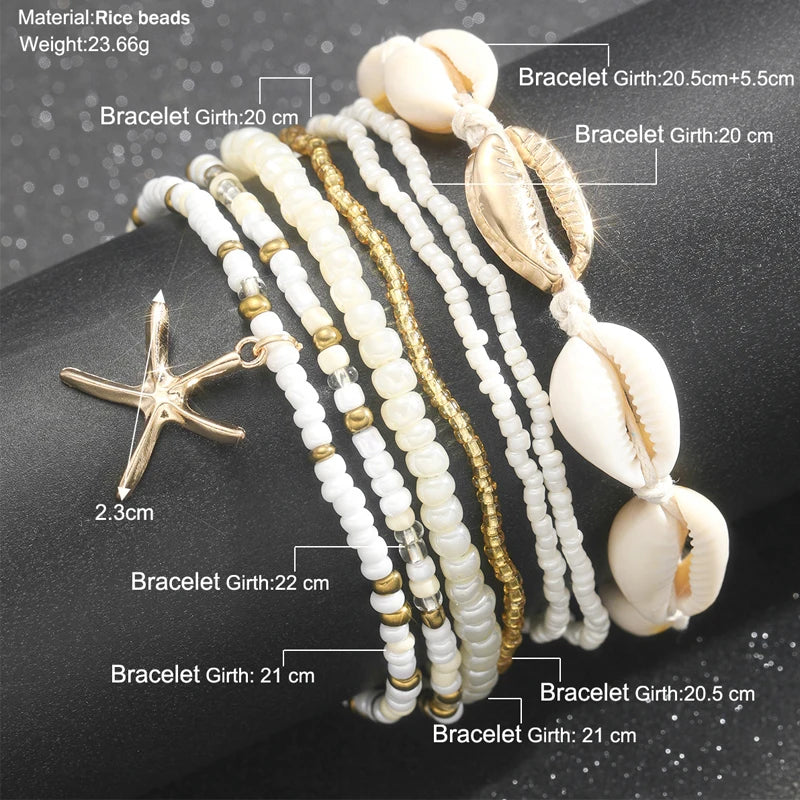 Bohemian Rice Beads Starfish Pendant Anklet Set Fashion Summer Beach Sea Shell